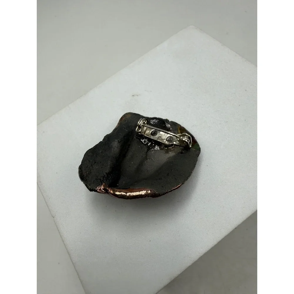 Artisan Iridescent Raku Ceramic Face Brooch Metallic Oil Slick Glaze Pin